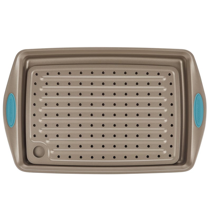 Rachael Ray Cucina Nonstick Bakeware Set with Grips, Nonstick Cookie Sheet / Baking Sheet and Crisper Pan - 2 Piece, Latte Brown with Agave Blue Handle Grips - Image 4